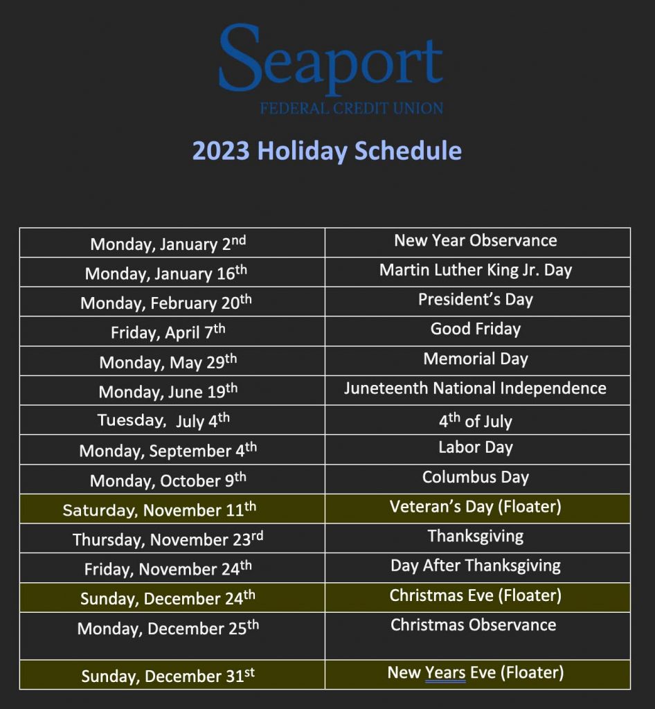 Holiday Schedule Seaport Federal Credit Union