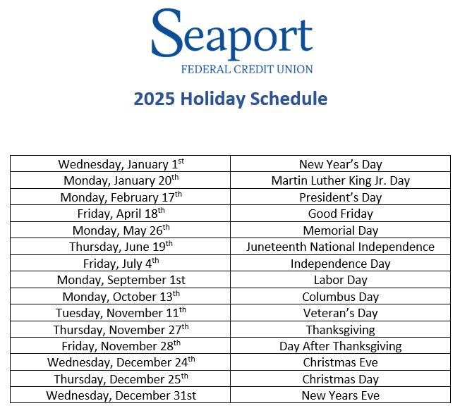 Holiday Schedule 2025