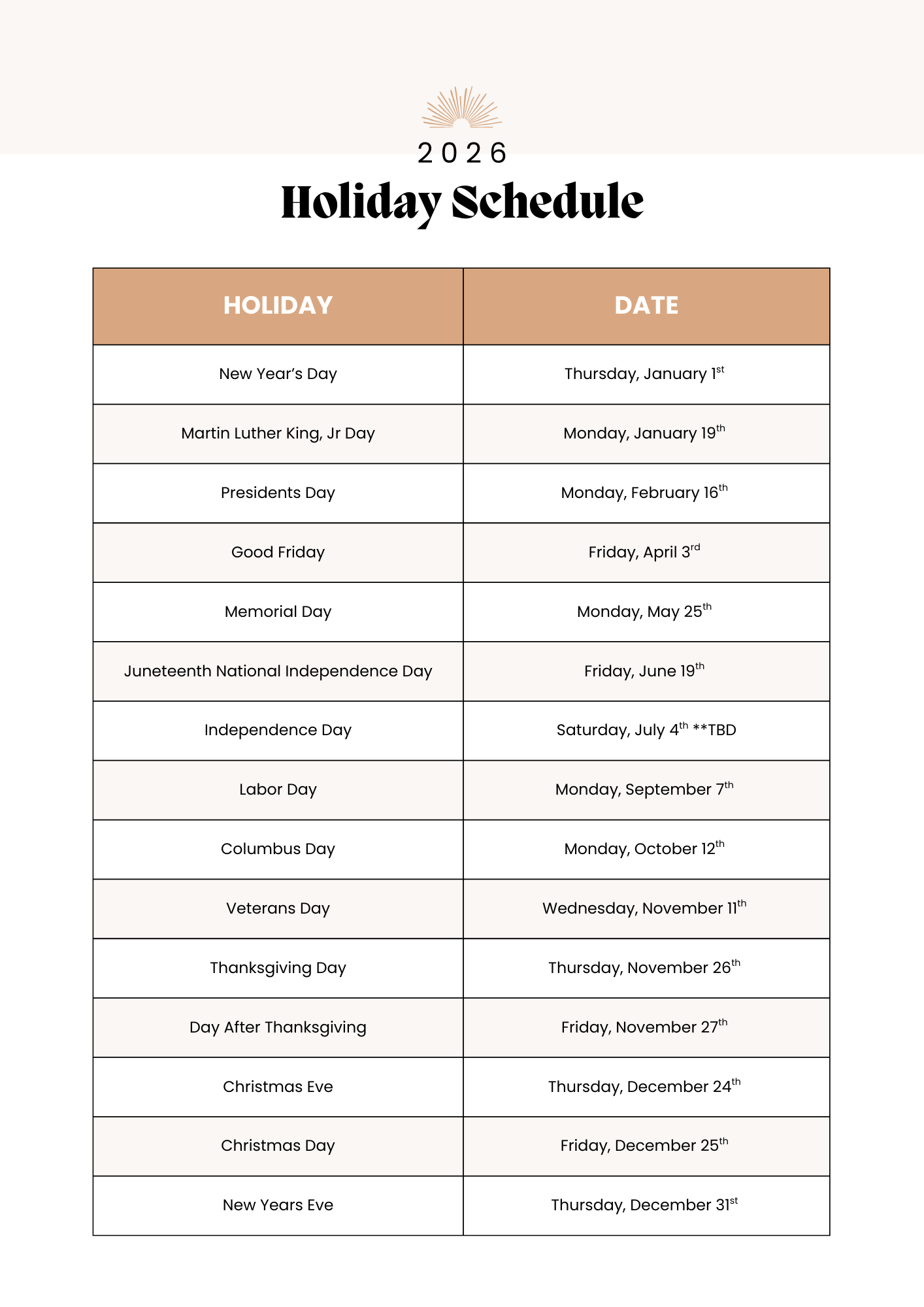 2026 Holiday Schedule