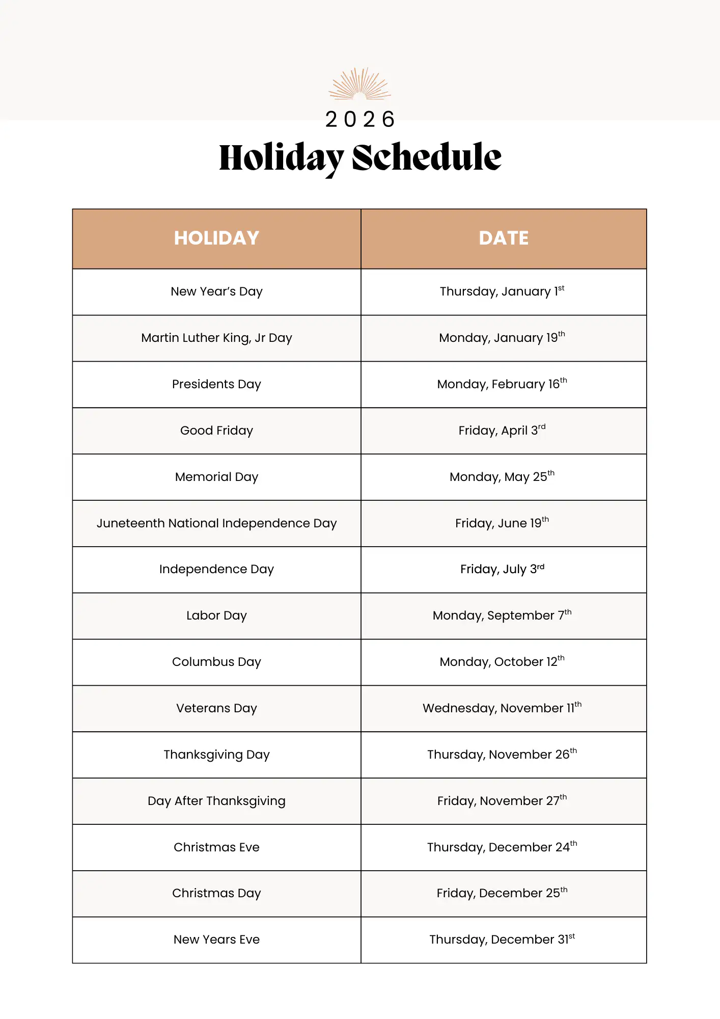 2026 Holiday Schedule rev1